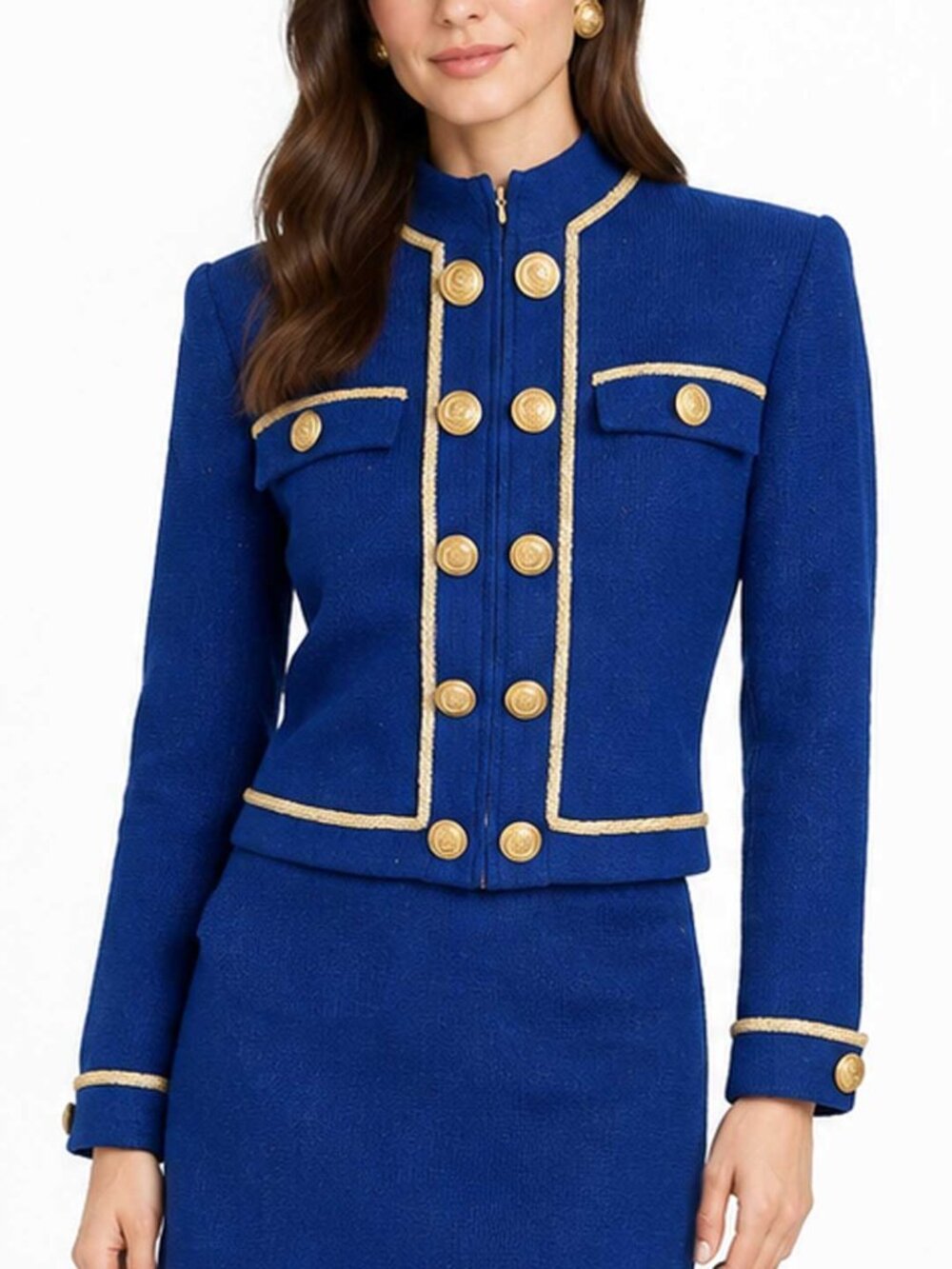 St. John Collection Zip-Front Blue and Gold Sweater Jacket Small